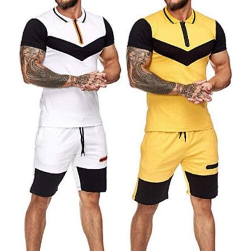 Tracksuit Color Block Drawstring Men Short Sleeve Lapel T-shirt Shorts Set for Fitness