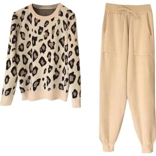 Autumn Winter Ladies Knitted Suit Knitted Leopard Print Pullover Sweater + Pants Set Fashion 2-piece Set