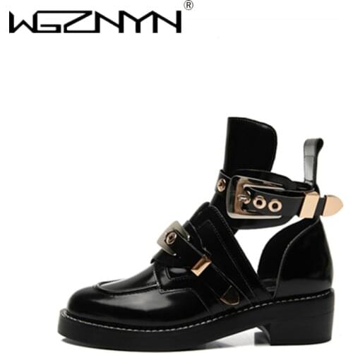 WGZNYN 2020 Autumn Metal Buckle Ankle Boots Women Punk Female Platform Boots Wedges High Heels PU Women Boots Botas Mujer