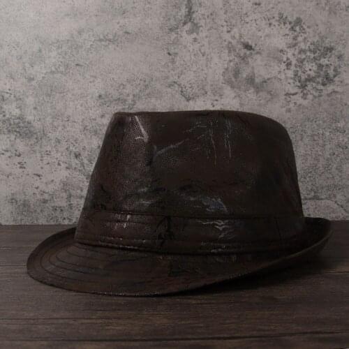 New Men Leather Fedora Hat For Dad Jazz Hat Boater Flat Top Hat For Gentleman Bowler Porkpie Hat Size 58CM