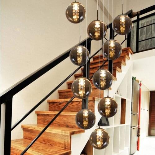 Nordic glass ball chandelier staircase cognac ball light spiral light g4 led staircase hotel chandelier villa lighting staircase