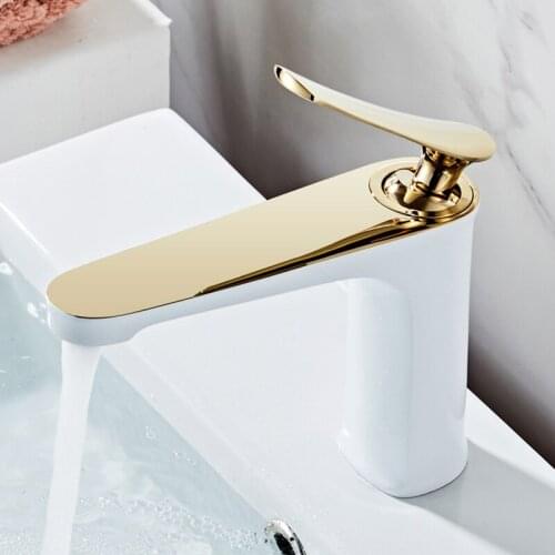 Basin Faucet Gold and Black Brass Bathroom Mixer Faucet Deck Mounted Hot and Cold Bathroom Sink Taps Lavatory Basin Sink Faucet