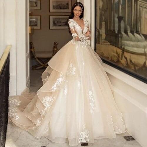 Champagne Boho Wedding Dress Sexy Deep V Neck Long Sleeves Bridal Gowns Lace Appliqued 2021 Plus Size Tiers Tulle A Line Vestido