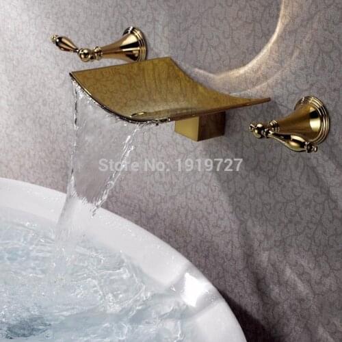 Vidric Gold Finish Waterfall Spout Tub Faucet Wall Mount 3 Holes Bath Mixer Tap Torneiras Banho Cozinha Water Valve Bathroom Fau