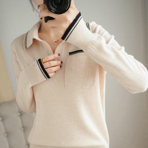 2021 New Autumn Winter Pure Wool Sweater Womens Polo Collar Cashmere Lapel Pullover Knitted Slim Warm Polo Shirt Sweater
