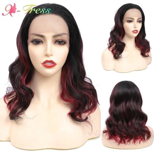 X-TRESS Dark Brown Lace Front Wig Medium Length Synthetic Wavy Wigs for Black Women Free Part Lace Wigs with Natural Hairline