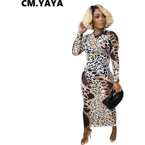 CM.YAYA Women Long Dress Mesh See-through Print Full Sleeve O-neck Stretchy Skinny Bodycon Maxi Dresses Sexy Vestidos Autumn