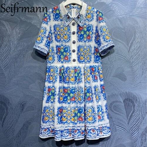Seifrmann New 2021 Summer Women Fashion Runway Mini Dress Short Sleeve Single Breasted Patchwork Vintage Printed Ladies Dresses