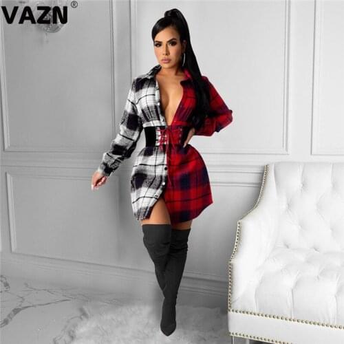 VAZN 2020 Hot Sales Classic Plaid Patchwork Plus Size Regular Overalls Casual Fashion Full Sleeve Women Straight Mini Dress