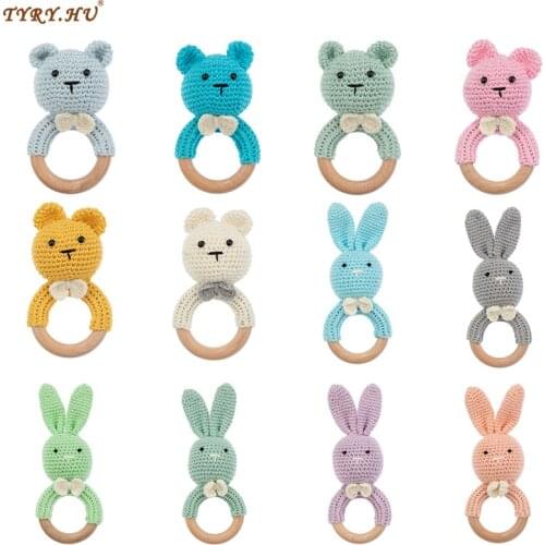 TYRY.HU 1PC Teether Wooden Crochet Rattle Toy BPA Free Wood Rodent Bear Rabbit Rattle Product Newborn Educational Toy Gifts