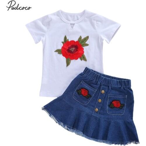 2020 Baby Summer Clothing Infant Kids Girls Skirt Two Piece Set Fashion Rose Embroidery Short Sleeve Top + Denim Short Skirt