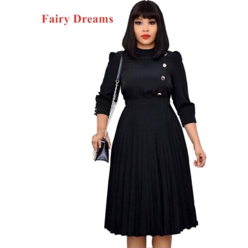 Africa Lady Clothing Fashion Solid Color Plus Size Button Pleated African Dresses for Women Mid-Length Temperament Commute Dress