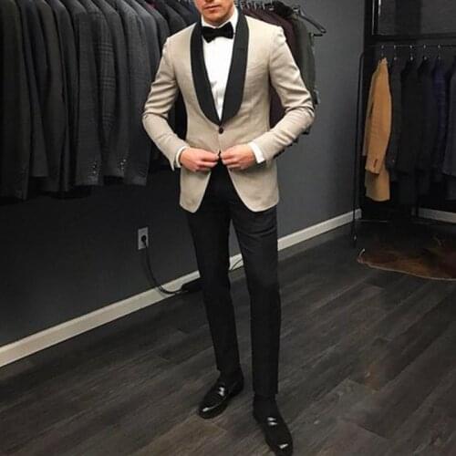 ANNIEBRITNEY Beige 2 Piece Slim Fit Men Suit With Balck Pants Tailor Made Skinny Groom Wedding Tuxedo Prom Wedding Men Suit Set