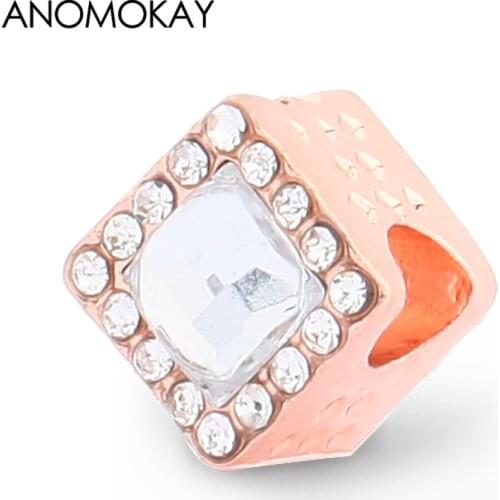 Anomokay New Arrivals Rose Gold Square Charms for Fashion DIY Jewelry Accessories Shinny White Crystal Beads fit Bracelet Bangle
