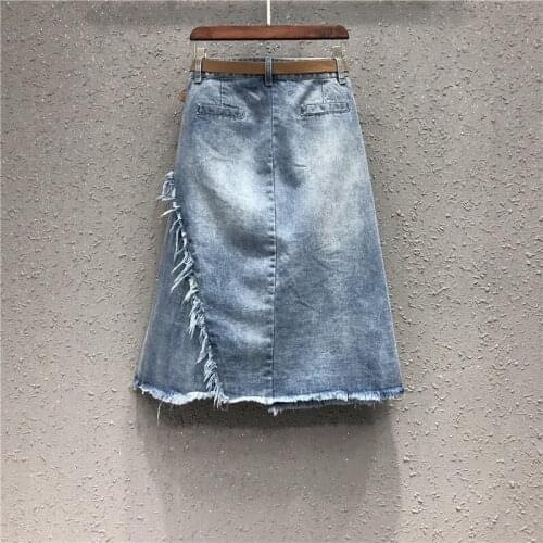 Asymmtry Womens Denim Skirts Fashion Summer High Waist Distressed Woman Jeans Skirt Harajuku Sweet Casual Knee-Length Jupe
