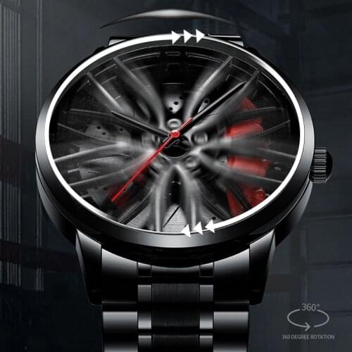 3D Rotation Unique Car Rim Wheel Mens Watch Creative Rotatable Personality Quartz Wristwatch Clock Waterproof Novel Design