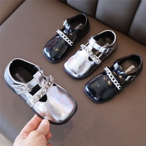 Spring Autumn Kids Leather Shoes Girls T Strap Shoes Chain Square Toe Mary Janes Fashion Girls Princess Shoe Flats Baby Children