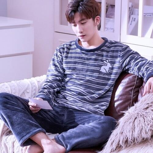 H5754 Coral Fleece Pajamas Men Autumn Winter Korean Plus Velvet Thickened Nightwear Set Male Flannel Cute Casual Home Clothes