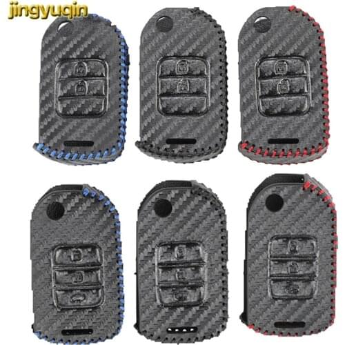 Jingyuqin Leather Carbon Remote Car Key Case Cover For Honda Civic CR-V HR-V Accord Jade Crider Odyssey 2015-2018 Protector