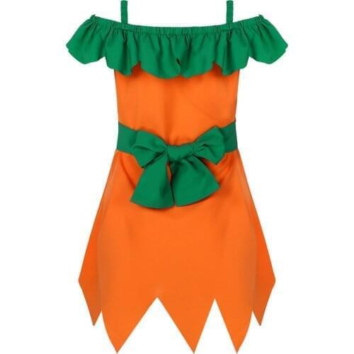 Kids Girls Halloween Costume Children Fancy Cosplay Holiday Festival Theme Party Orange Pumpkin Dresses with Waistband