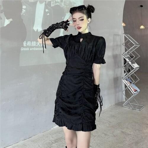 Summer Women Stand Neck Puff Short Sleeve Mini Dresses Black Gothic Lady Chinese Style Cheongsam Dress Harajuku Street Clothes