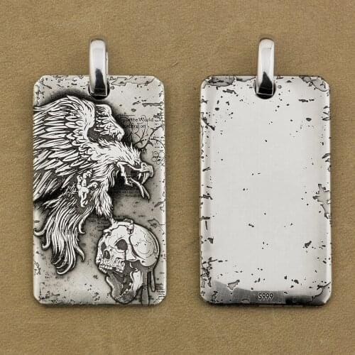 LINSION 999 Pure Silver Vulture Skull DogTag Mens Biker Punk Pendant 9X044