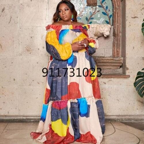 African Long Maxi Dress Womens Flower Slash Neck Off The Shoulder Backless Daily Evening Party Dress African Dresses For Women