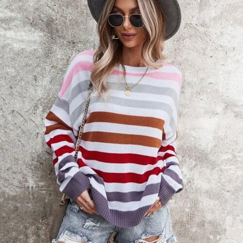 Women Stripe Contrast Knit Sweater Fashion Autumn Winter Leisure Vacation Loose Long Sleeve Femme Casual Pullover Top Streetwear