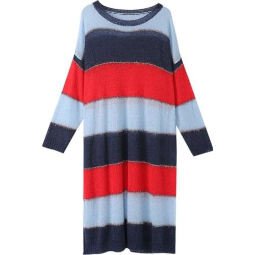 PERHAPS U Red Blue O Neck Long Sleeve Straight Loose Knee Length Dress Casual Striped Spring Autumn Knitted Lurex D0908