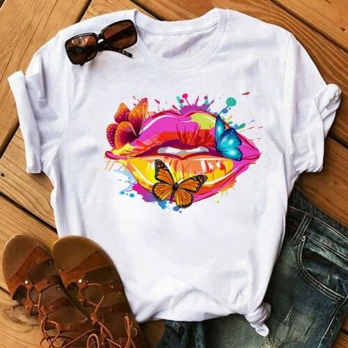 New Color Lips Butterfly Printed T Shirt Fashion Women T Shirt Female Harajuku Cute Graphic Tee Shirt Women Summer T-shirt Tops