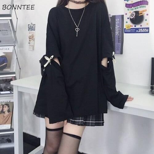 T-shirts Women Bow Removable Sleeve Solid Japanese Style College Loose Ins All-match Students Top Fashion Harajuku Sweet Leisure