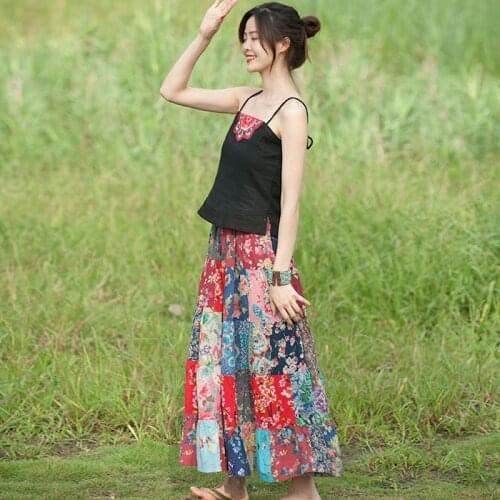 Women Loose Bohemian Style Skirts Ladies Elastic Waist Patchwork Skirt Female Cotton Skirts 2020 Summer