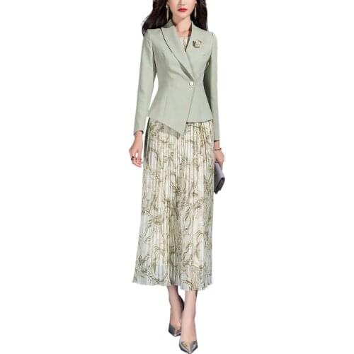 2021 Spring New Casual Womens Match Clothes Green Blazer and Dress 2 PCS Set for Ladies