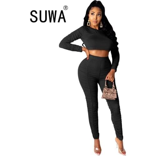 Wholesale fashion sexy club outfits tracksuit women two piece set long sleeve slim crop top + high waist skinny pants streetwear