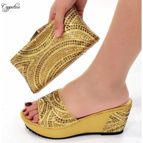 Gold Wedge High Heels Women Matching Shoes And Bag Set Fashion Ladies Platform Pumps With Purse Handbag Clutch CR665 Height 8CM