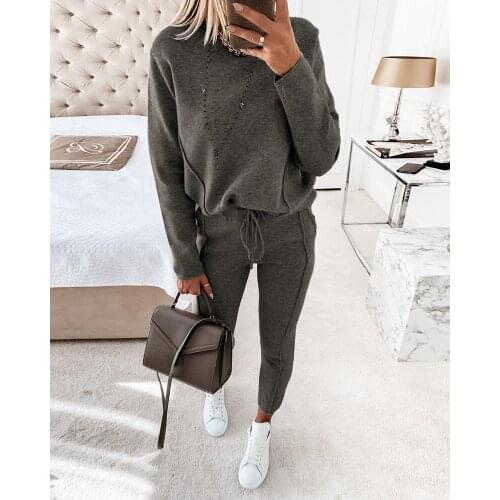2021 Women Fashion Elegant Casual Solid Round Neck Plain Long Sleeve Top & Drawstring Pants Set