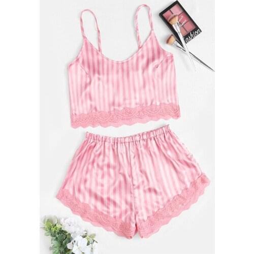 Satin Sexy Lingerie Lace Pajamas Set Striped Two Pieces Nightwear Set Lingerie Summer Soft High Quality PJS Women Set Homesuit