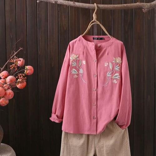 Plus size cotton Drop sleeves women flower embroidery loose shirts 20201 new spring autumn casual ladies soft blouse female