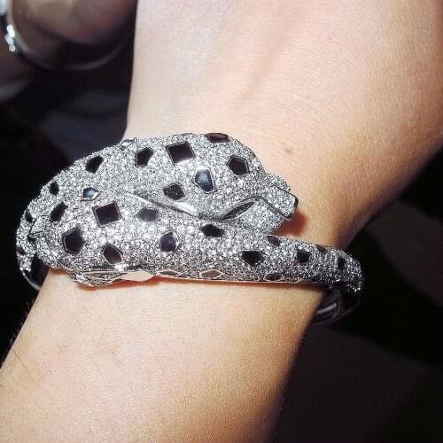 Black spot Leopard head bangle bracelet 3A+ Cubic Zirconia Stone Animal Panther silver-color designer copper jewelry for Women