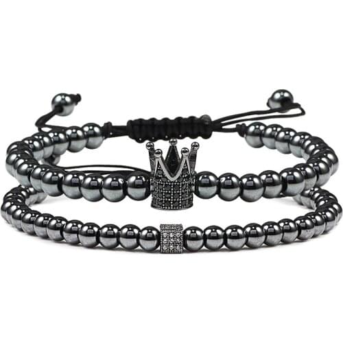 Pave CZ Crown Helmet Cube Skull Ball Adjustable Men Bracelets Trendy Handmade Braid Charm 5mm Beads Strand Bracelet Jewelry Gift