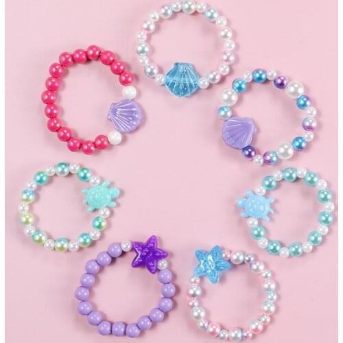 Children Candy Color Rainbow Beaded Bracelet For Girl Cute Bow Shell Flower Charm Princess Hand Bracelet Jewelry Gift Toy