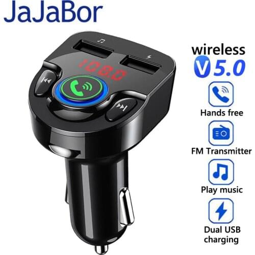 JaJaBor FM Transmitter FM Modulator Bluetooth 5.0 Carkit Handsfree Calling Wireless Stereo A2DP Car MP3 Player Voltage Detection