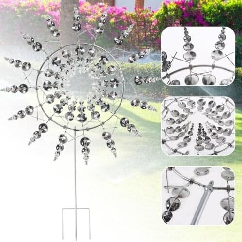 Q81C Creative Unique Metal Windmill Geometric Pattern Wind Spinner Catcher Kinetic Chimes with Stake Ornament Garden Yard Patio