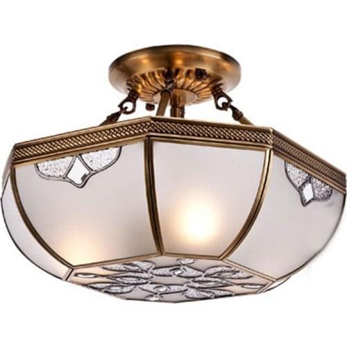 Free shipping 16" Copper Ceiling Light Bedroom Living Room Vintage Noble Copper carving glass Lampshade Ceiling Fixtures