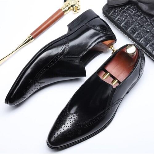 New Spring/Autumn Handmade Slip-On Carved Genuine Leather Dress Oxford Flat Men Business Office Wedding Shoes