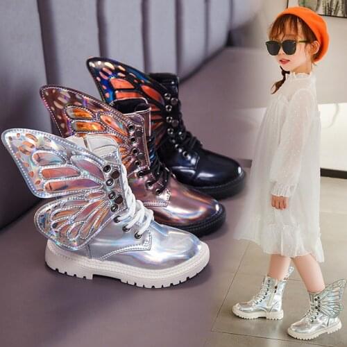 New Boots Kids 2020 Autumn Winter Girls Boots Childrens Butterfly Wings Rubber Shoes Kids Plush Solid Leather Girl Child Shoe