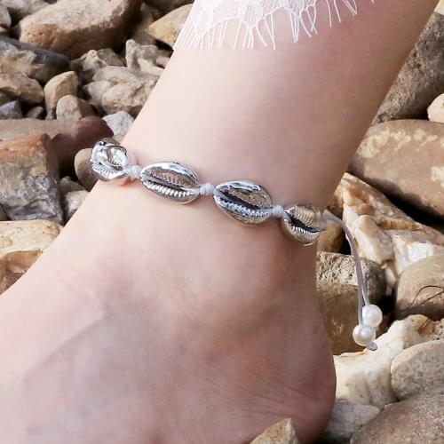 Charm Handmade Shell Beads Lether Rope Anklet Rose Gold Sliver Color Shell Pendant Foot Chain Women Bracelet Jewelry on Leg New