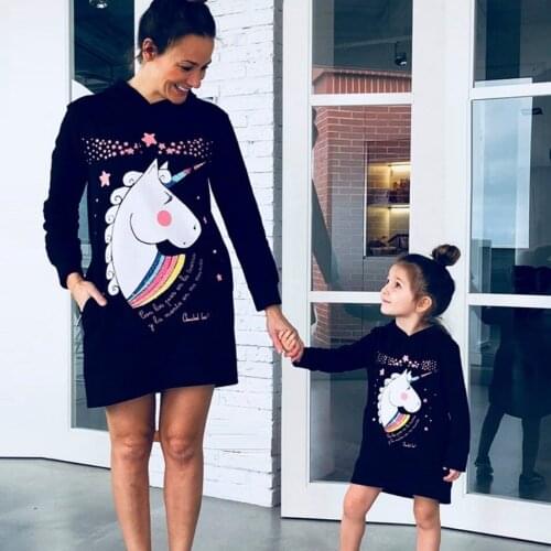 Family Matching Outfits Mommy and Me Clothes Long Sleeve Mom Baby Sweatshirt Family Look Unicorn Mother Daughter Hoodies Dresses