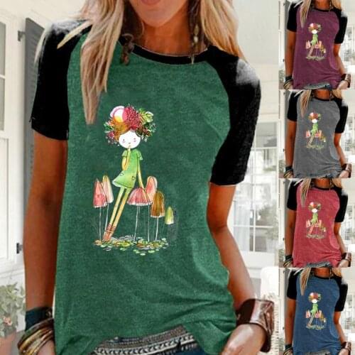 New Fashion Women Summer Loose Round Neck Short Sleeve Casual Graphic Shirts & Tops Color Block Blouse Plus Size