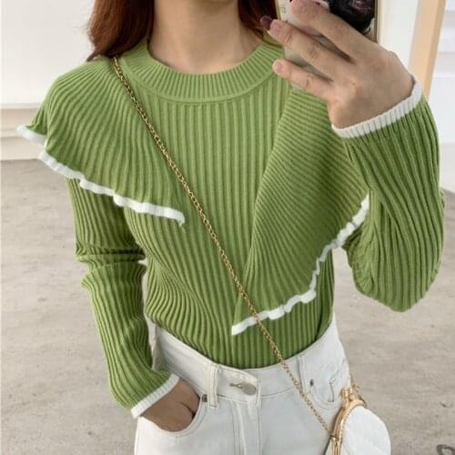 Shintimes Pullovers Sweater Women For Winter 2020 Fashion Autumn Ruffles Patchwork Knitted Long Sleeve Female Slim Jumper Mujer
